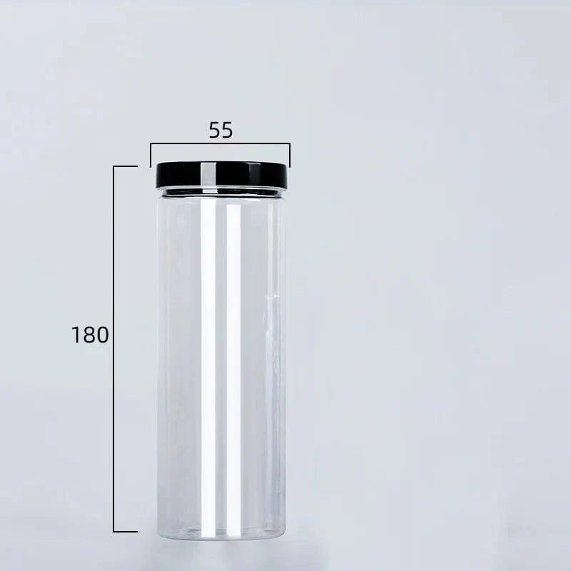 Circular storage bottle with black lid