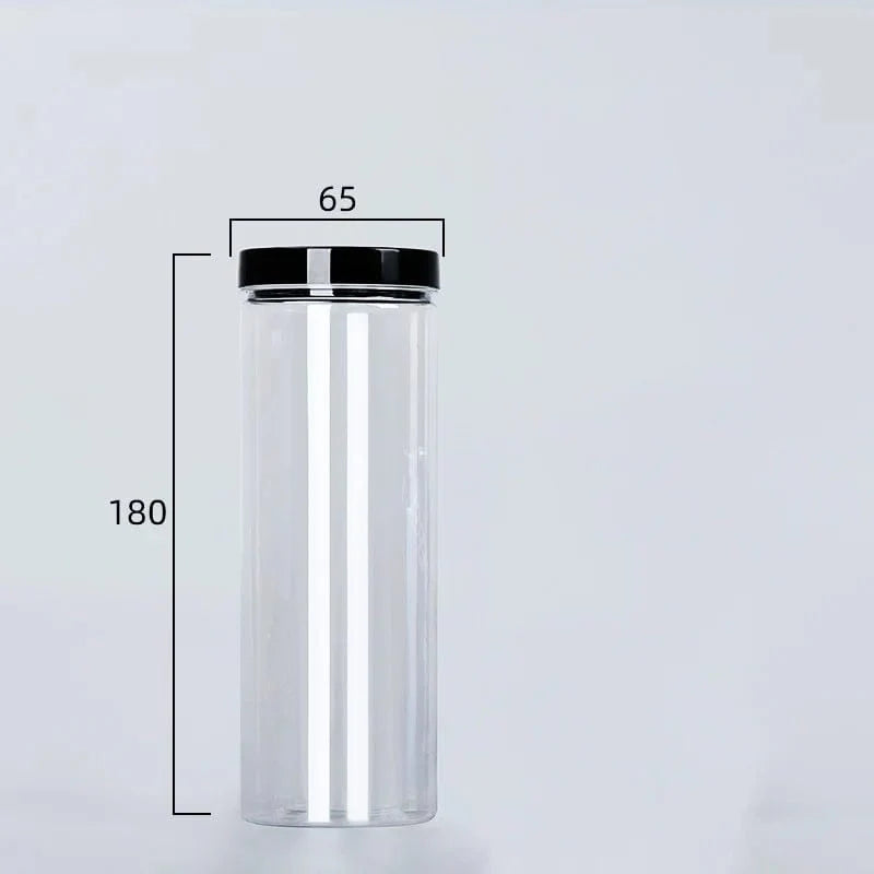 Circular storage bottle with black lid