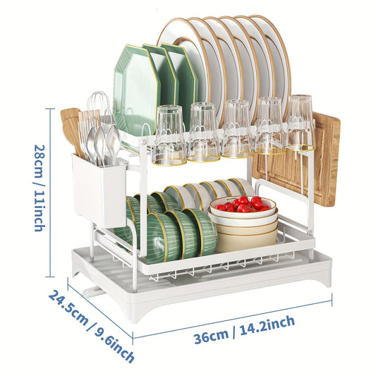 Égouttoir à vaisselle double étages avec range-couverts et égouttoir, Rangement vaisselle multifonction, Grande capacité, Pour plan de travail cuisine