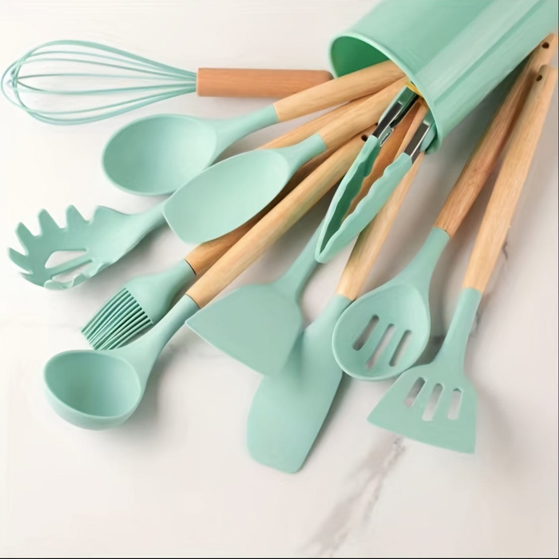 Ensemble d'Ustensiles de Cuisine en Silicone Beige avec Manche en Bois - Lot de 12, Ustensiles de Cuisine Sûrs, Anti-adhésifs, Lavables - Accessoires de Cuisine, Gadgets de Cuisine