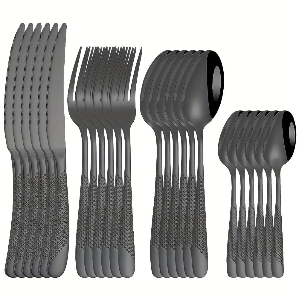 Ensemble de Couverts Étoile en Acier Inoxydable 24pcs - Couteau à Steak, Fourchette, Cuillère de Table, Cuillère à Dessert - Pour Hôtel et Restaurant