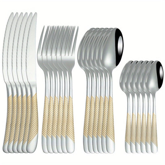 Ensemble de Couverts Étoile en Acier Inoxydable 24pcs - Couteau à Steak, Fourchette, Cuillère de Table, Cuillère à Dessert - Pour Hôtel et Restaurant