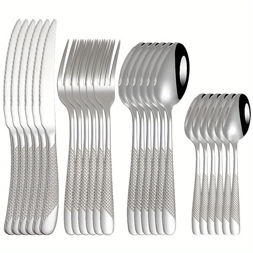 Ensemble de Couverts Étoile en Acier Inoxydable 24pcs - Couteau à Steak, Fourchette, Cuillère de Table, Cuillère à Dessert - Pour Hôtel et Restaurant