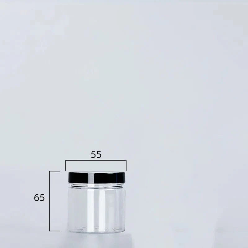 Circular storage bottle with black lid