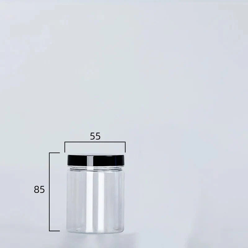 Circular storage bottle with black lid