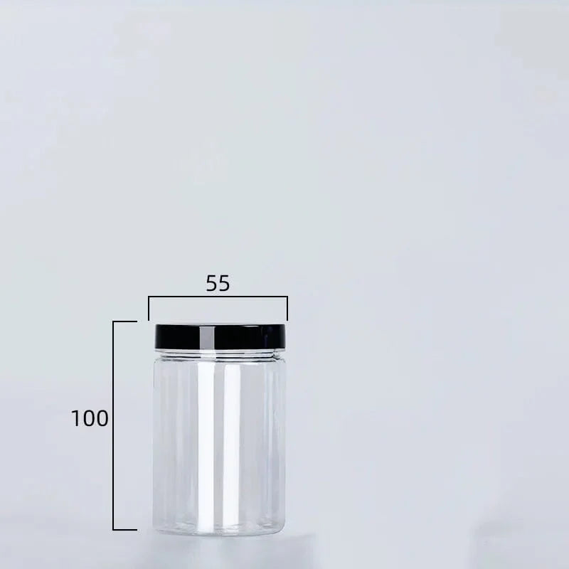 Circular storage bottle with black lid