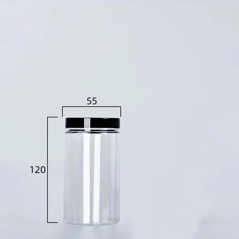 Circular storage bottle with black lid