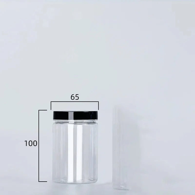Circular storage bottle with black lid