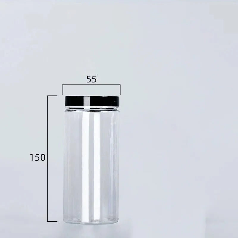 Circular storage bottle with black lid