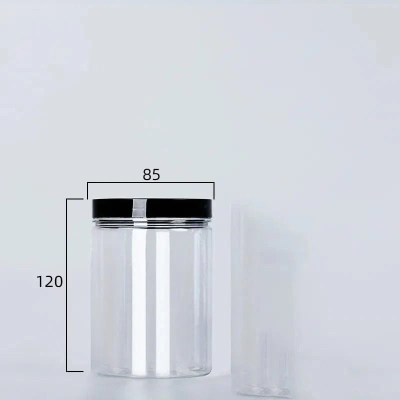 Circular storage bottle with black lid