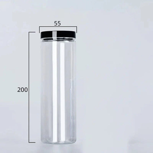 Circular storage bottle with black lid