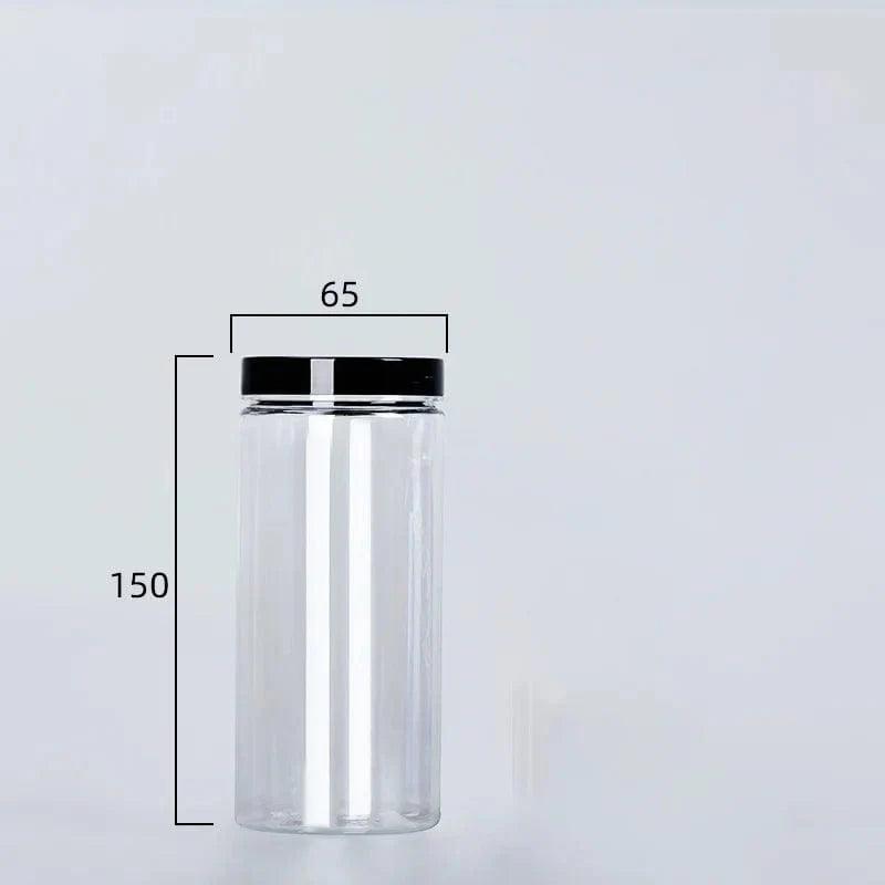 Circular storage bottle with black lid