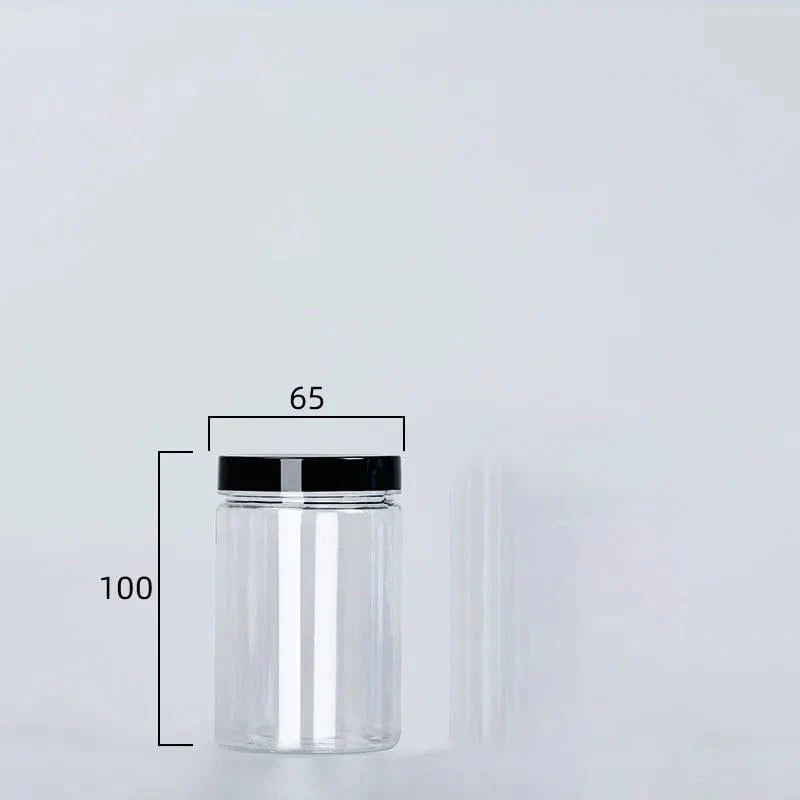 Circular storage bottle with black lid