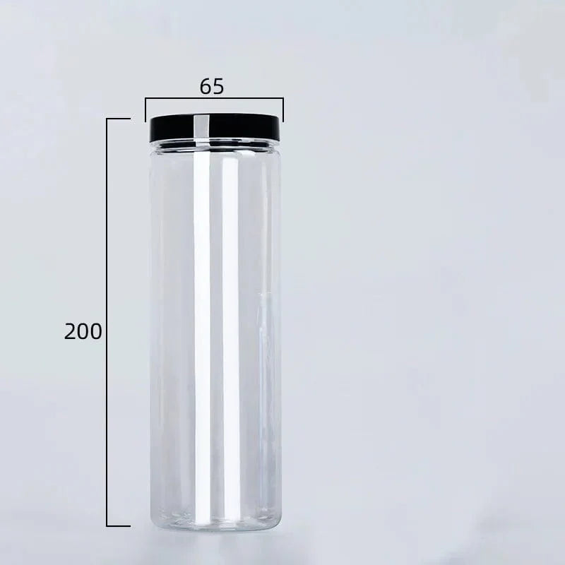 Circular storage bottle with black lid