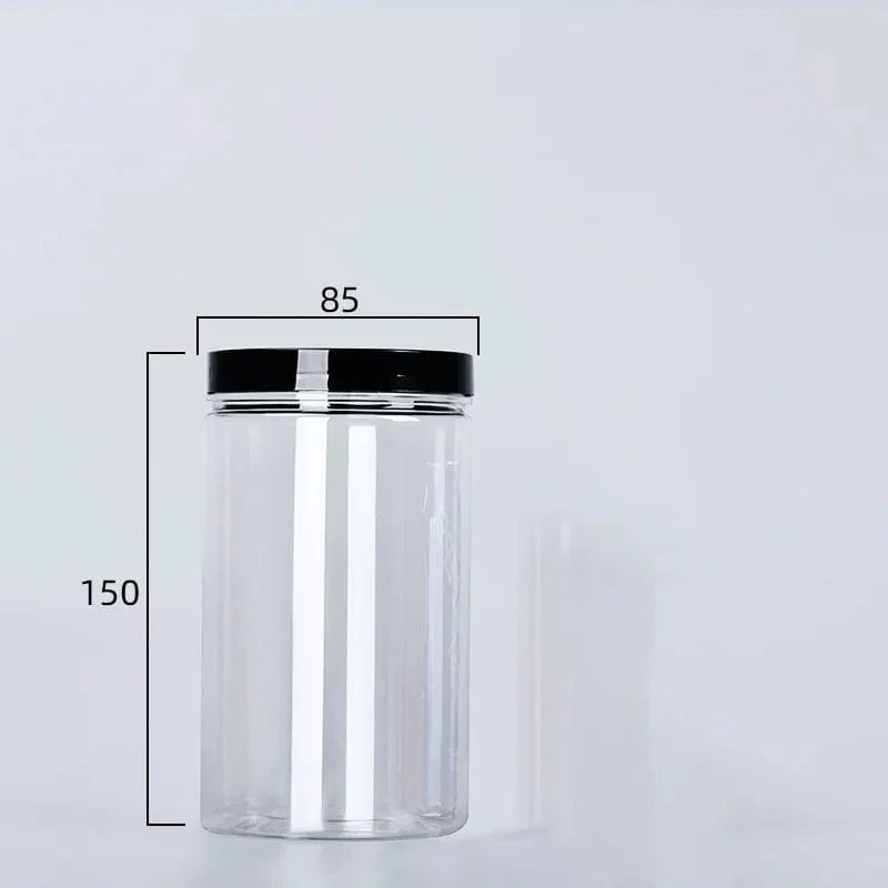 Circular storage bottle with black lid