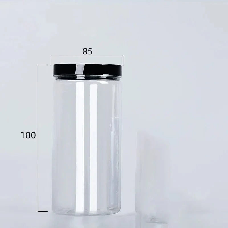 Circular storage bottle with black lid