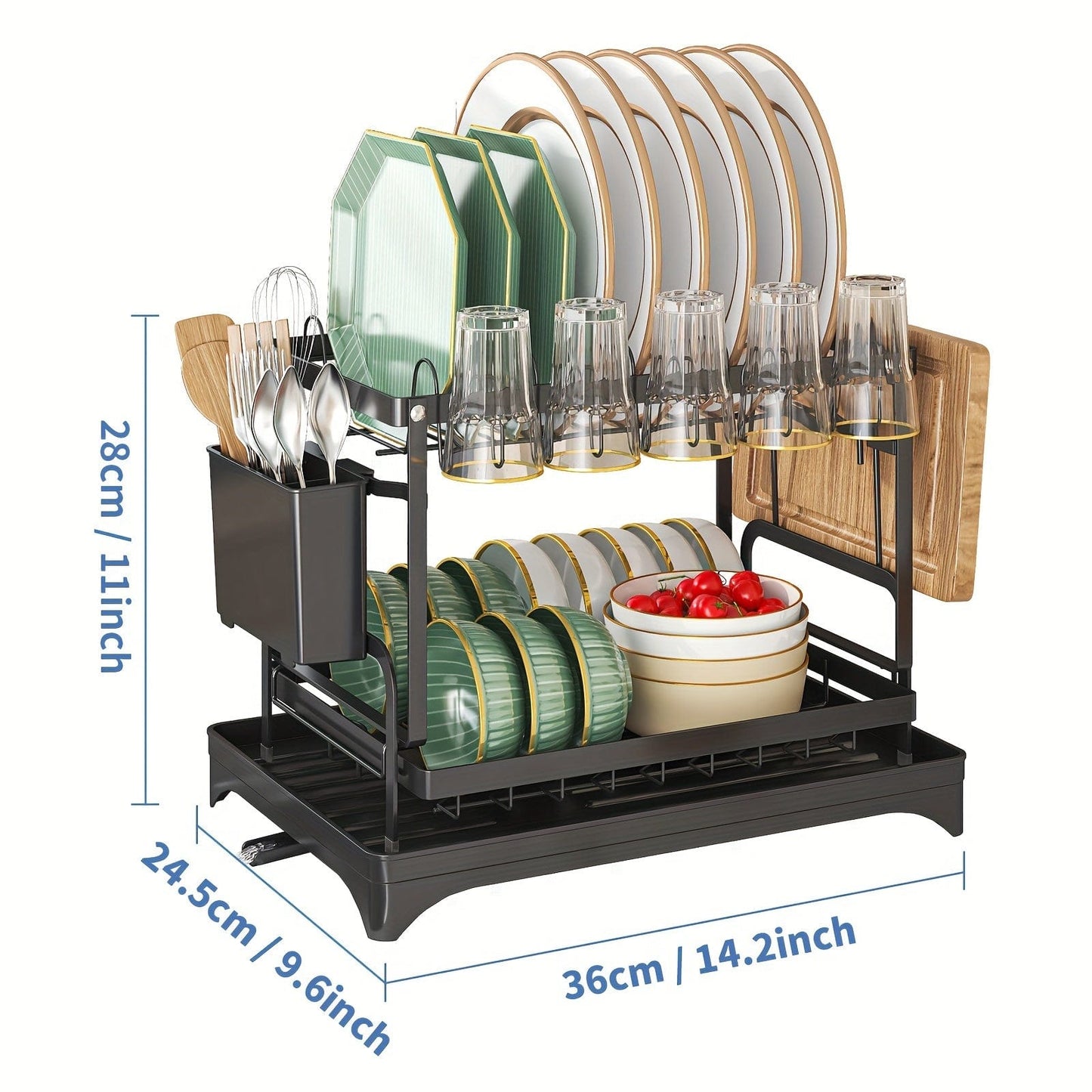 Égouttoir à vaisselle double étages avec range-couverts et égouttoir, Rangement vaisselle multifonction, Grande capacité, Pour plan de travail cuisine
