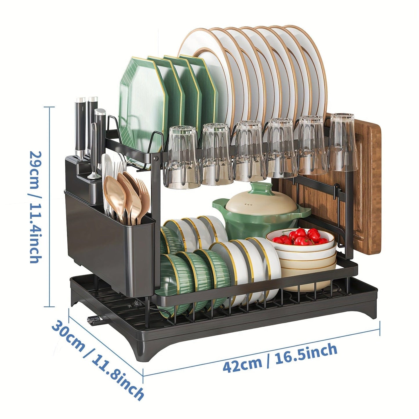 Égouttoir à vaisselle double étages avec range-couverts et égouttoir, Rangement vaisselle multifonction, Grande capacité, Pour plan de travail cuisine