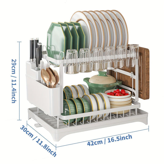 Égouttoir à vaisselle double étages avec range-couverts et égouttoir, Rangement vaisselle multifonction, Grande capacité, Pour plan de travail cuisine