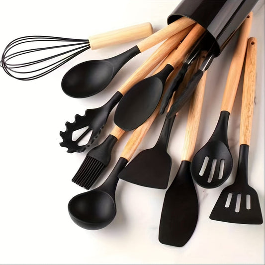 Ensemble d'Ustensiles de Cuisine en Silicone Beige avec Manche en Bois - Lot de 12, Ustensiles de Cuisine Sûrs, Anti-adhésifs, Lavables - Accessoires de Cuisine, Gadgets de Cuisine