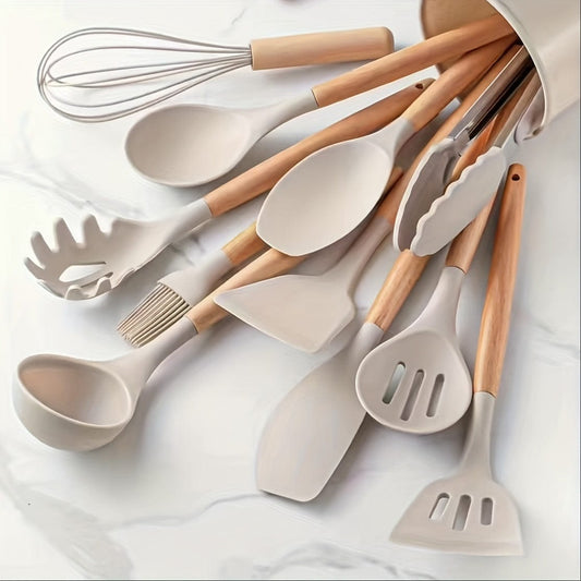 Ensemble d'Ustensiles de Cuisine en Silicone Beige avec Manche en Bois - Lot de 12, Ustensiles de Cuisine Sûrs, Anti-adhésifs, Lavables - Accessoires de Cuisine, Gadgets de Cuisine