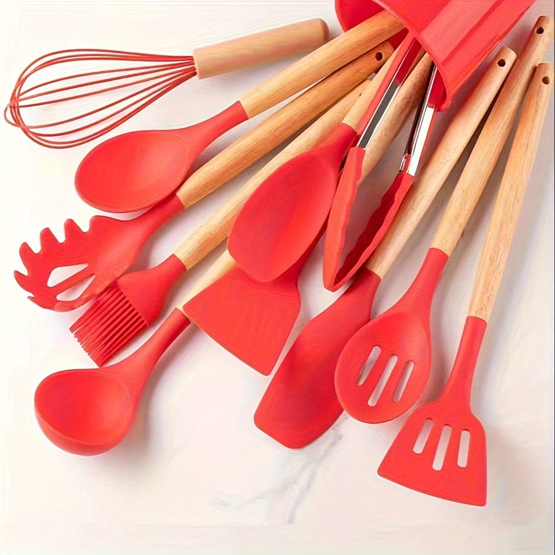 Ensemble d'Ustensiles de Cuisine en Silicone Beige avec Manche en Bois - Lot de 12, Ustensiles de Cuisine Sûrs, Anti-adhésifs, Lavables - Accessoires de Cuisine, Gadgets de Cuisine