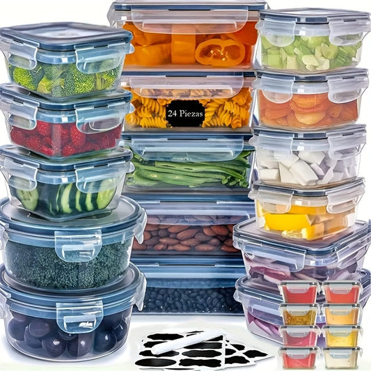Ensemble de 24 Boîtes de Rangement de Cuisine - Hermétiques, Adaptées au Micro-Ondes, Étiquettes & Stylo Inclus