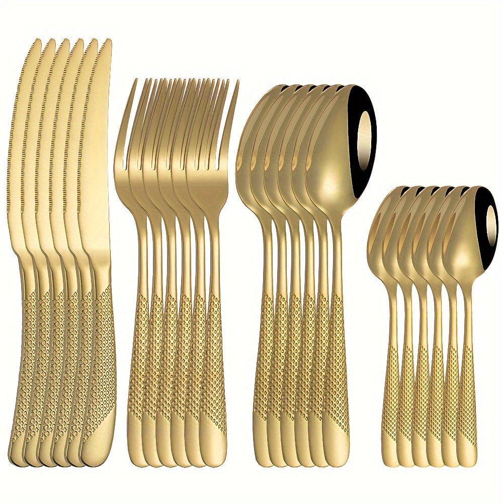 Ensemble de Couverts Étoile en Acier Inoxydable 24pcs - Couteau à Steak, Fourchette, Cuillère de Table, Cuillère à Dessert - Pour Hôtel et Restaurant