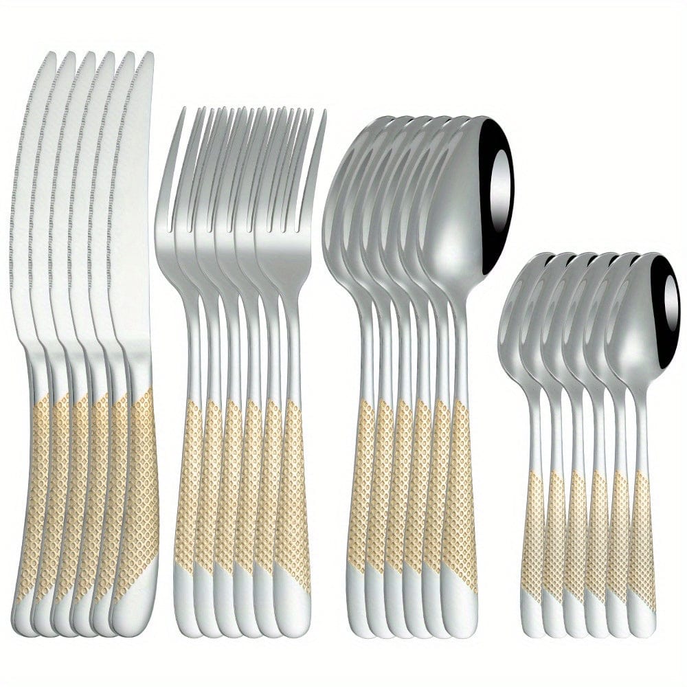 Ensemble de Couverts Étoile en Acier Inoxydable 24pcs - Couteau à Steak, Fourchette, Cuillère de Table, Cuillère à Dessert - Pour Hôtel et Restaurant