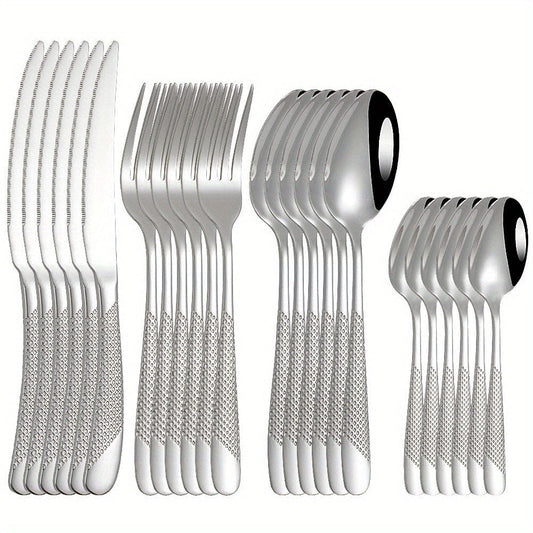 Ensemble de Couverts Étoile en Acier Inoxydable 24pcs - Couteau à Steak, Fourchette, Cuillère de Table, Cuillère à Dessert - Pour Hôtel et Restaurant