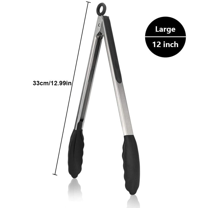 Tong de cuisine en acier inoxydable avec embouts en silicone noirs
